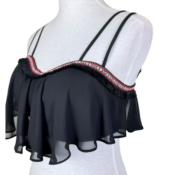 Bebe Black Tribal Embroidered with Black Fringe Bustier Top with Sheer Overlay - Picture 3 of 10